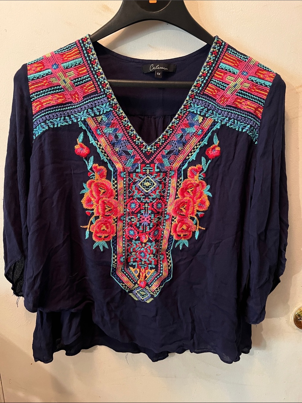 Calissa Navy Embroidered V-Neck Tunic